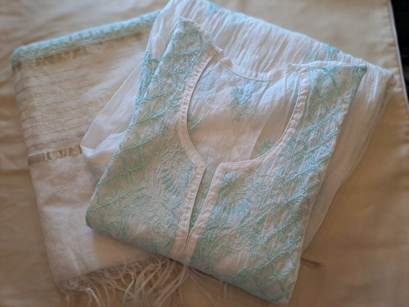 Soothing Mulchanderi Chikankari Suit Fabric – Mint Whisper