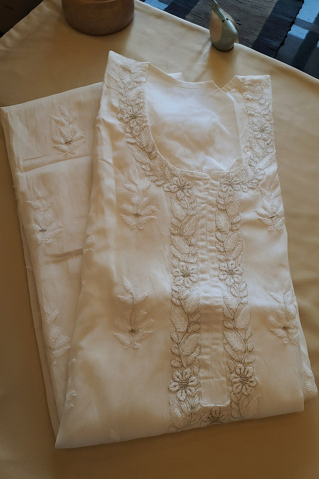 Classic Cotton Chanderi Chikankari Kurta – Ivory Grace