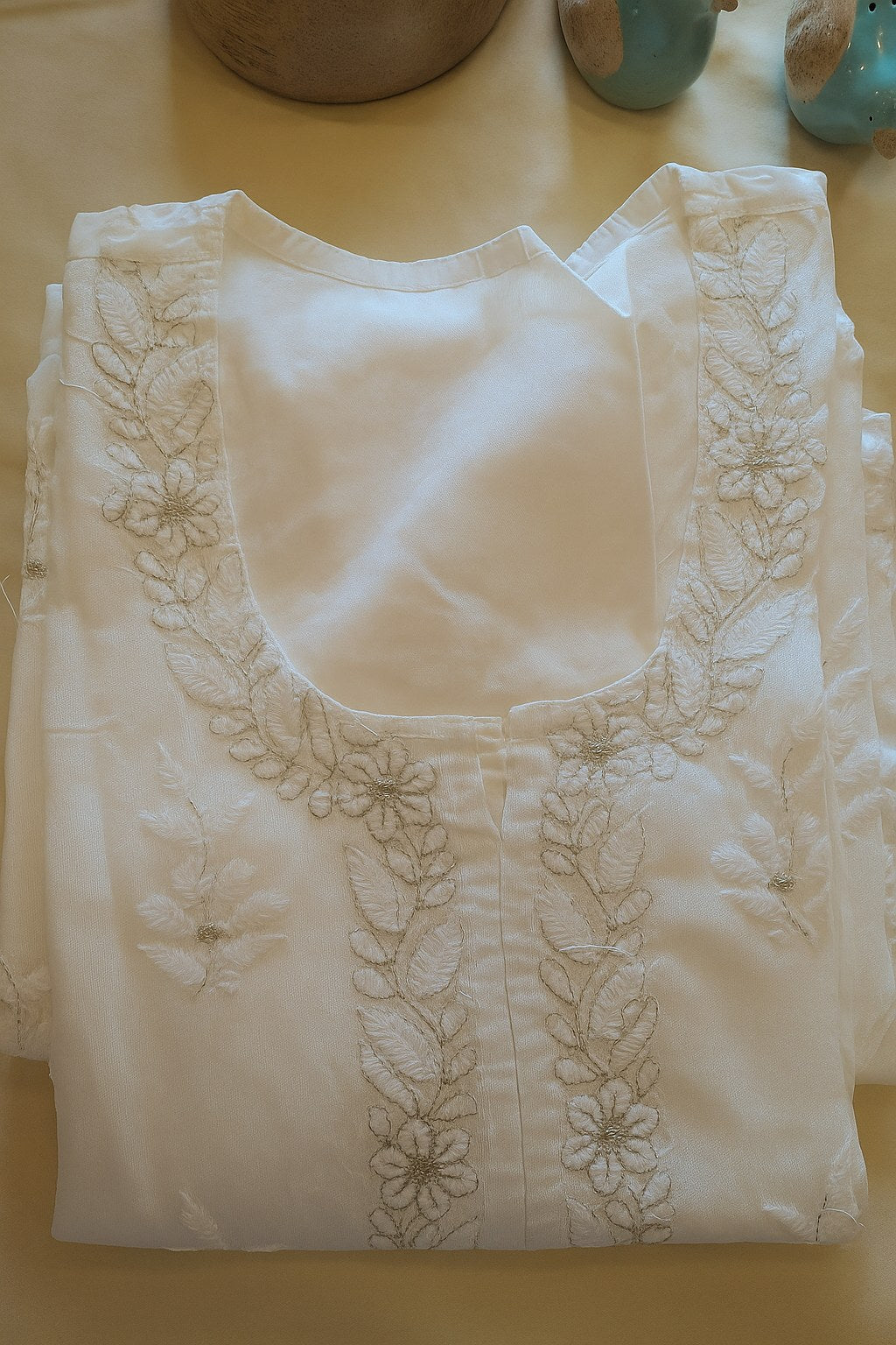 Classic Cotton Chanderi Chikankari Kurta – Ivory Grace