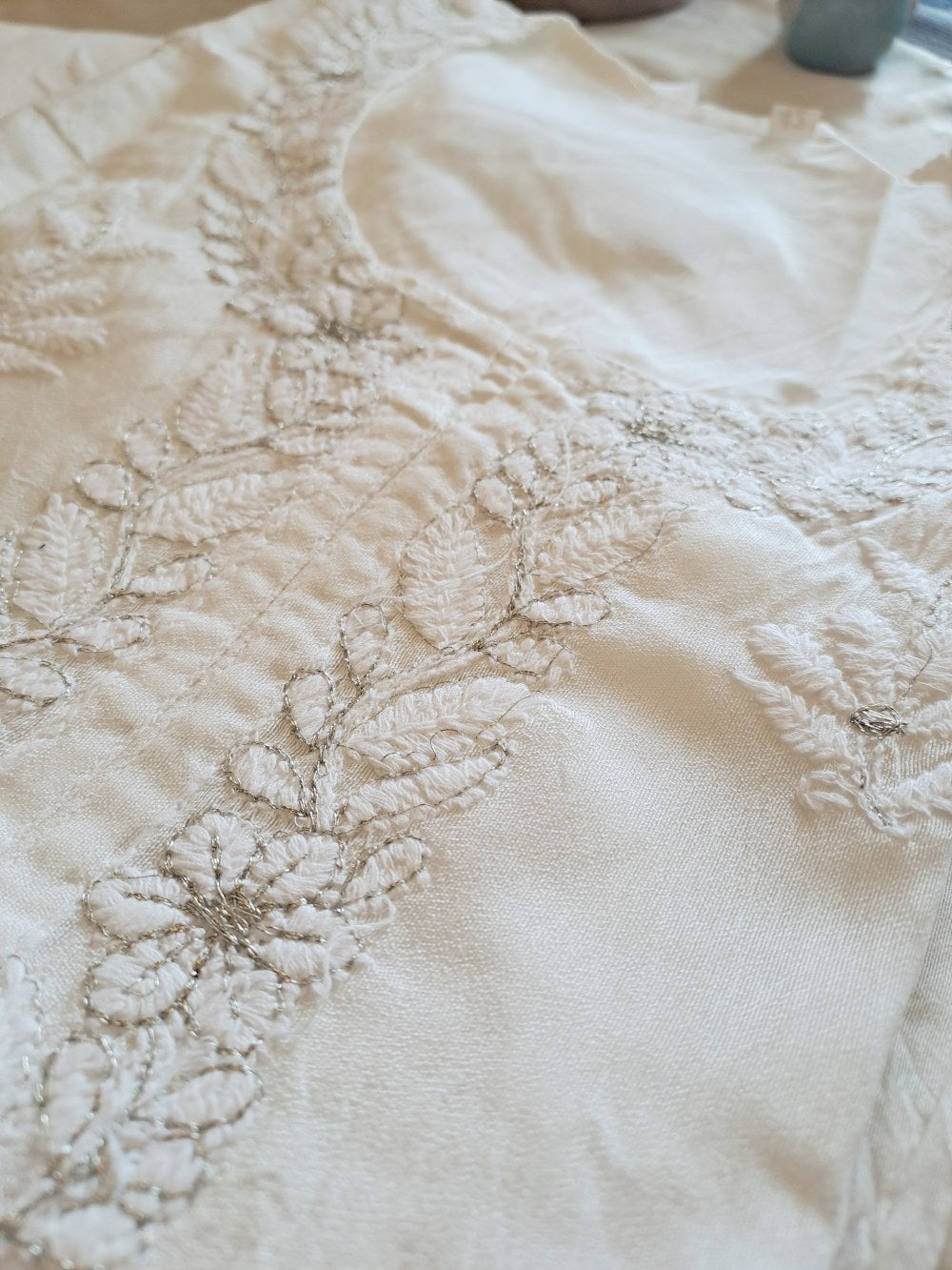 Classic Cotton Chanderi Chikankari Kurta – Ivory Grace