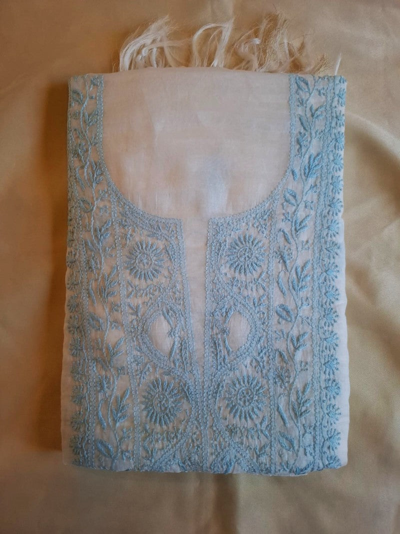 Graceful Mulchanderi Chikankari Suit Fabric – Powder Blue Elegance