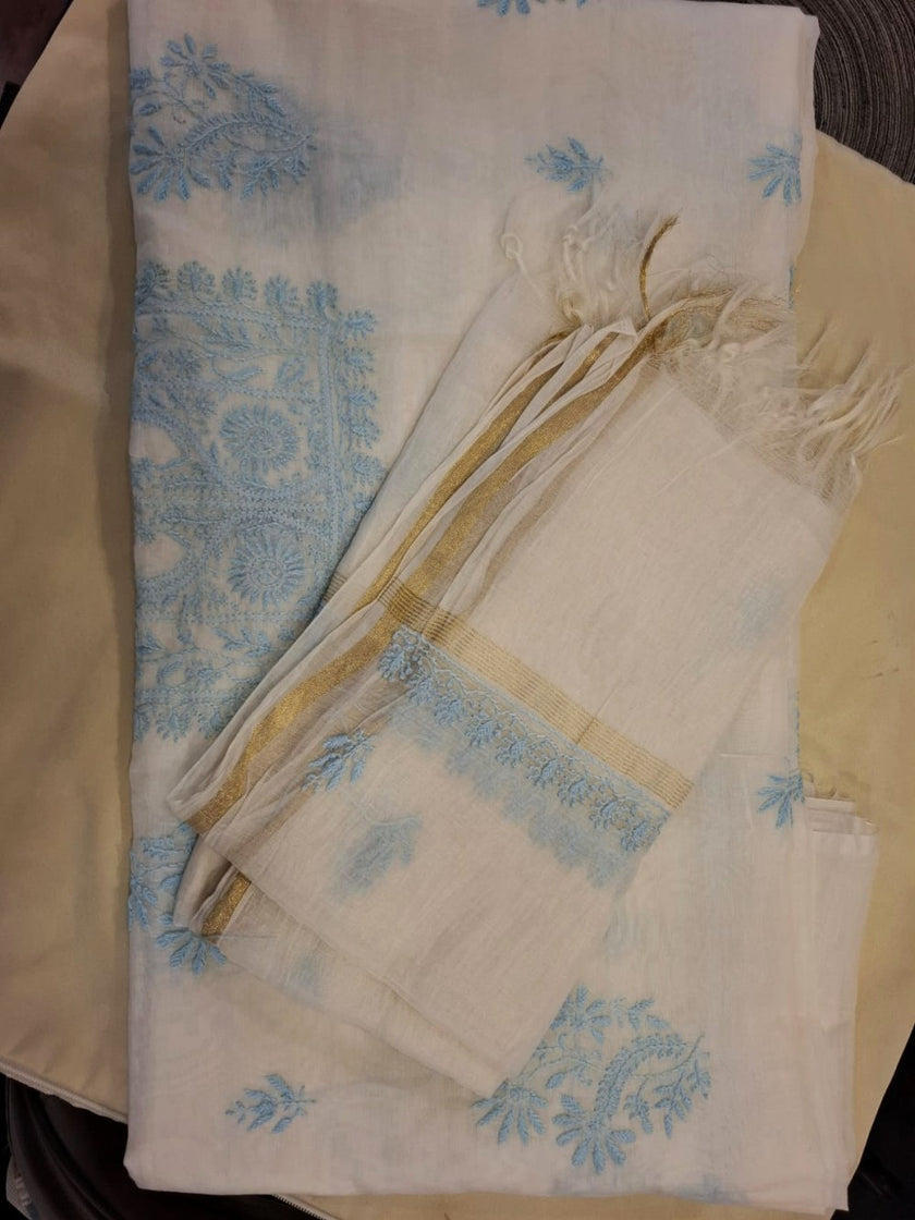 Graceful Mulchanderi Chikankari Suit Fabric – Powder Blue Elegance